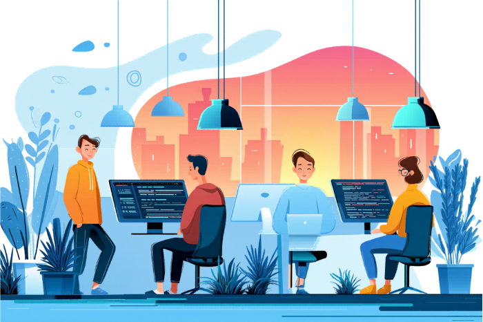 Équipe Ouimind échangeant avec un client autour d’un projet digital dans un environnement de travail collaboratif moderne