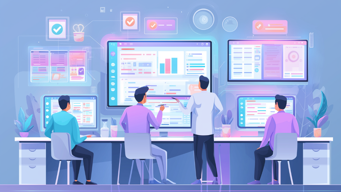 Experts Ouimind réalisant des tests et contrôles qualité sur des applications dans un environnement technologique moderne